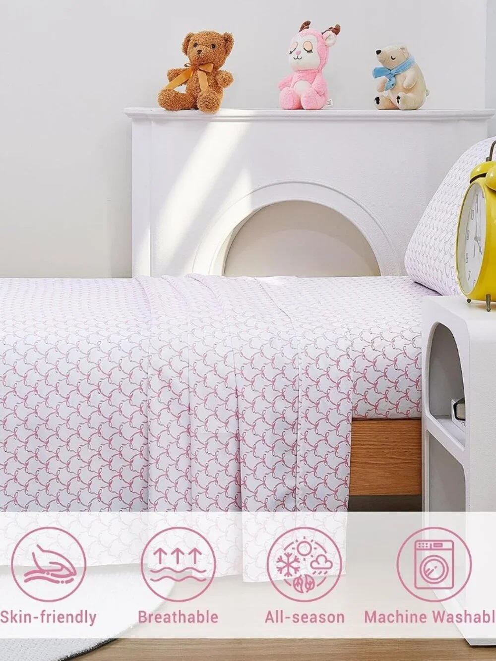 Kids Twin Size Bed Sheets, 3-Piece, Deep Pocket, Pink Bowknot